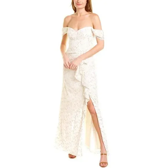 ML MONIQUE LHUILLIER Women's Off-the-Shoulder Metallic Chiffon Gown Beige 4 NWT